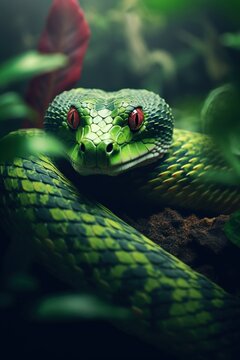 closeup portrait of green snake at nature, reptile animal