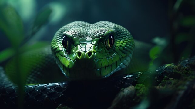 closeup portrait of green snake at nature, reptile animal