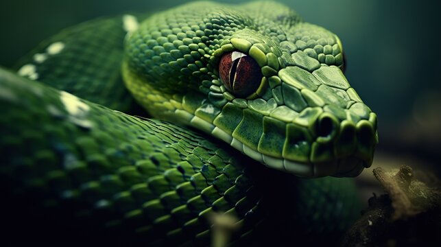 closeup portrait of green snake at nature, reptile animal