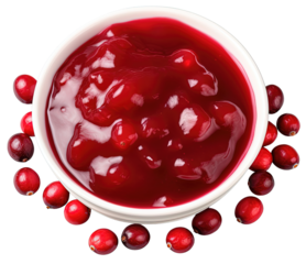 Cranberry sauce isolated on a white transparent background. Thanksgiving holiday red sauce top view, PNG