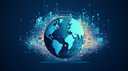 Fototapeta na wymiar Estadísticas y concepto de red global con vista frontal del brillante mapa mundial digital. Fondo cibernético mundo digital futurista y tecnología global