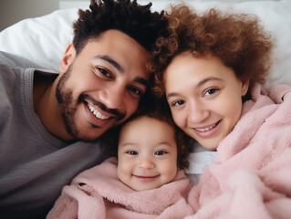 A young, mixed-race couple is lying in bed, bonding and holding their adorable infant daughter. The happy, multiethnic parents are enjoying a relaxing morning as they play with their baby girl in the 