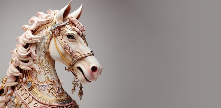 Carousel white horse isolated on grey background. Beautiful horse in carved and painted wood. Golden details, harness.