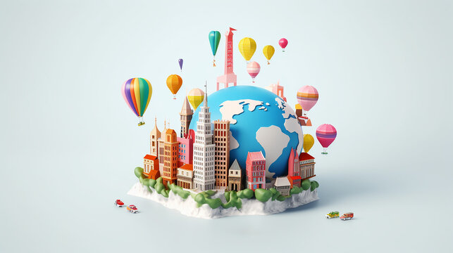 The globe is surrounded by urban infrastructure, buildings, balloons, green areas. Pictures to express a leasing company, futuristic cities with new architectural ideas.