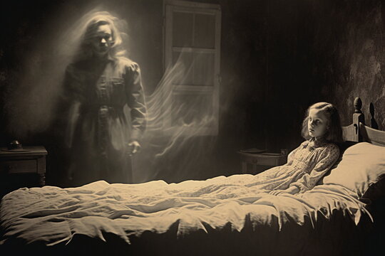 An old photograph depicting a little girl in bed and the ghost of a woman standing in front of her.
