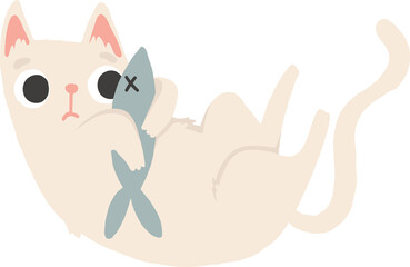 Funny white cat with fish. Cute png element. Hand drawn in simple cartoon style