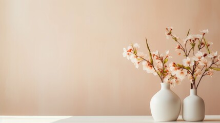 Beautiful cherry blossoms in vase on wooden table with pastel wall background, space for text.
