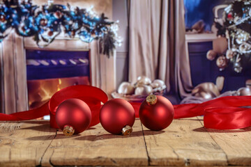 Desk of free space and christmas small balls. Empty space for your decoration - mockup background. 