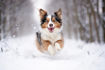 Healthy and happy active dog running in snow at park in winter. Generative AI