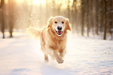 Healthy and happy active dog running in snow at park in winter. Generative AI - obrazy, fototapety, plakaty