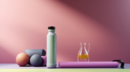 A 3D rendered illustration featuring sport and fitness equipment with a focus on a female-oriented concept. The composition includes a yoga mat, a water bottle, and dumbbells