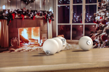 Desk of free space and christmas small balls. Empty space for your decoration - mockup background. 