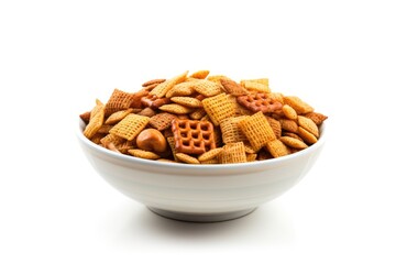Savory Snack Mix in White Bowl, Tasty Chex Mix on White Background