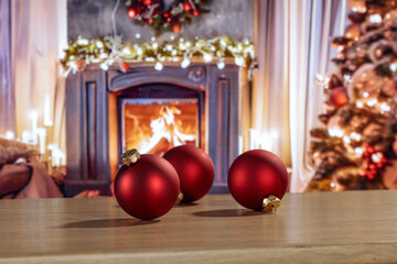 Fototapeta na wymiar Desk of free space and christmas small balls. Empty space for your decoration - mockup background. 