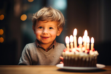 Cute little boy celebrating his birthday with a big cake and candles