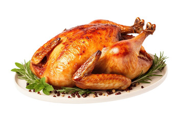 Freshly baked whole chicken, Appearing crispy and tender, isolated on a white and Transparent background