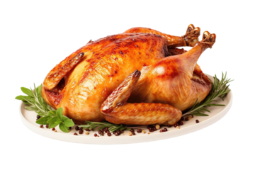 Freshly baked whole chicken, Appearing crispy and tender, isolated on a white and Transparent background