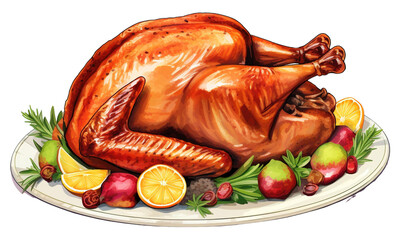 Roasted chicken on a plate with salad. Hand drawn oil painting illustration of fried chicken, cartoon Thanksgiving food, and roast turkey clip art.