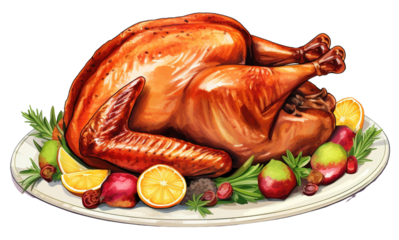 Roasted chicken on a plate with salad. Hand drawn oil painting illustration of fried chicken, cartoon Thanksgiving food, and roast turkey clip art.