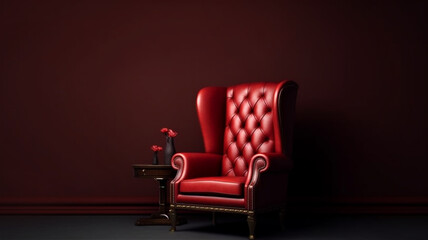 Vintage burgundy red leather chair with wooden legs on a dark background, Boss day. i