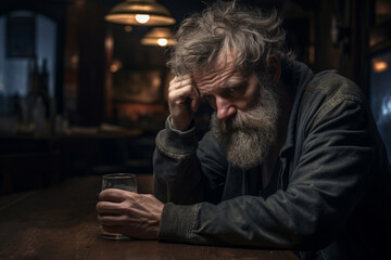 Sad old man drink alone. AI generative