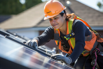 Solar panel installer working in a roof - obrazy, fototapety, plakaty