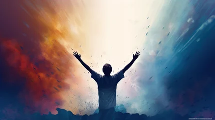 Foto op Plexiglas Man Raising His Hands in Worship and Praise of God. Cheering Man With Colorful Pastel Illustration Oil Painting Wall Art Wallpaper © RBGallery
