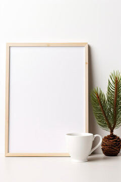 Blank wooden picture frame with white background mockup. Vase with pine tree branches, a cup of coffee and old books on grey desk, Interior design, still life. 