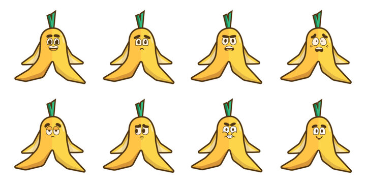 Banana peel with different facial expressions on a white background