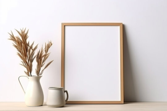 Blank wooden picture frame with white background mockup. Vase with pine tree branches, a cup of coffee and old books on grey desk, Interior design, still life. 