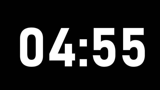 Digital clock timer in zero second to 5 minute. White text number on isolated black background. 4K footage motion video