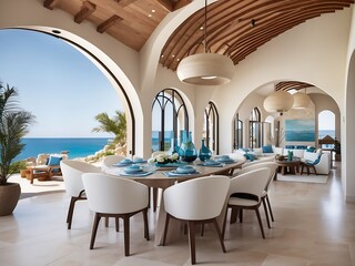 Coastal, mediterranean home interior design of modern dining room with arched ceiling  - obrazy, fototapety, plakaty