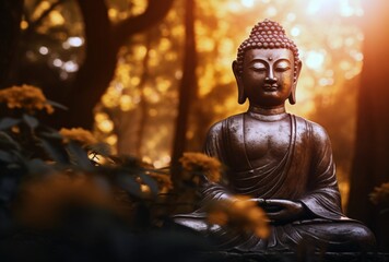 Buddha Statue in Sunlit Wooded Landscape