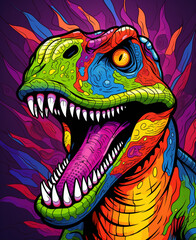Shirt print, dinosaur, cartoon, psychedelic, parallel world, abstract reality, parallel universe, psychedelic hallucination, colorful, generative AI
