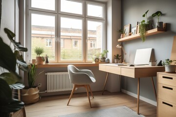 Bright workspace featuring a desk, armchair, drawer, and large window. Generative AI