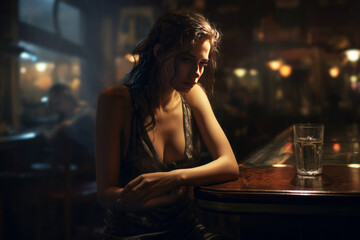Sad young woman drink alone in a bar. AI generative - obrazy, fototapety, plakaty