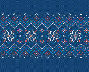 Blue holiday traditional Xmas pattern. Christmas knit seamless print. Knitted sweater texture. Geometric background with snowflakes. Wool pullover ornament. Festive crochet. Vector illustration