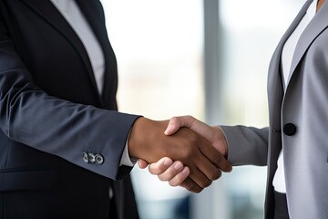 Man and women shaking hands after an interview in office