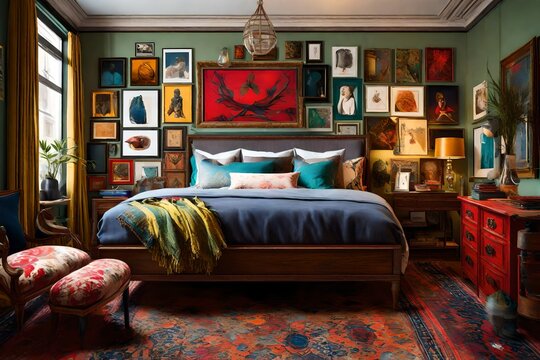 Eclectic collector bedroom diverse artifacts vibrant colors