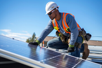 Solar panel installer working in a roof