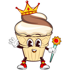character mascot of ice cream cone with funny face of king with crown and scepter, isolated cartoon vector illustration. emoticon, cute ice cream cone mascot