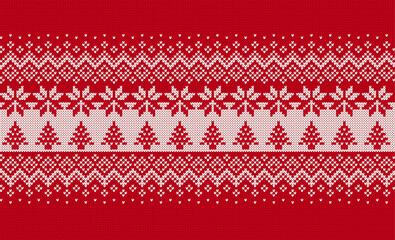 Knitted sweater print with tree and snowflakes. Xmas geometric border. Christmas red background. Holiday knit seamless pattern. Fair isle traditional texture. Festive winter ornament. Vector. - obrazy, fototapety, plakaty