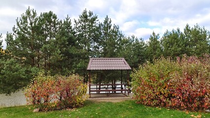 Fototapeta na wymiar A metal gazebo with a wooden table and benches stands on a tiled area surrounded by pine trees and bushes with reddened autumn foliage. A grassy lawn sits in front, with a pond in the back. Blue sky
