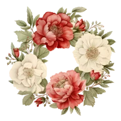 Fototapete Red and White Peony Bouquet Watercolor Clipart, Retro Peony Illustration, Peonies PNG © SASINA N.