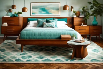 Mid-century modern bedroom sleek teak aqua accents