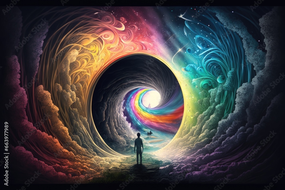 Poster man standing at the end of a tunnel with colorful clouds on it