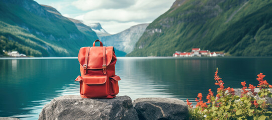 a backpack, immersed in the beauty of a Norwegian fjord's landscape, embodying the spirit of wanderlust and exploration. - obrazy, fototapety, plakaty