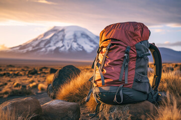 travelers backpack, on an adventurous journey to climb the peak of Mount Kilimanjaro in Tanzania, surrounded by the breathtaking natural landscape. - obrazy, fototapety, plakaty