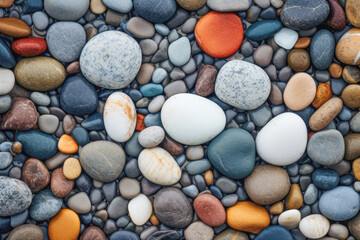 Fototapeta na wymiar An up-close look at a collection of grey pebbles on the beach, revealing their smooth and round textures, which form a captivating and abstract pattern in the outdoors.