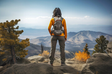 A female hiker, surrounded by the breathtaking mountain landscape, enjoys a beautiful adventure in nature, embodying a young and adventurous lifestyle.
